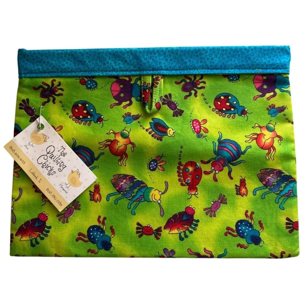Handmade Whimsical Bug Print Cosmetic Bag Blue Accent Trim Vibrant Colorful